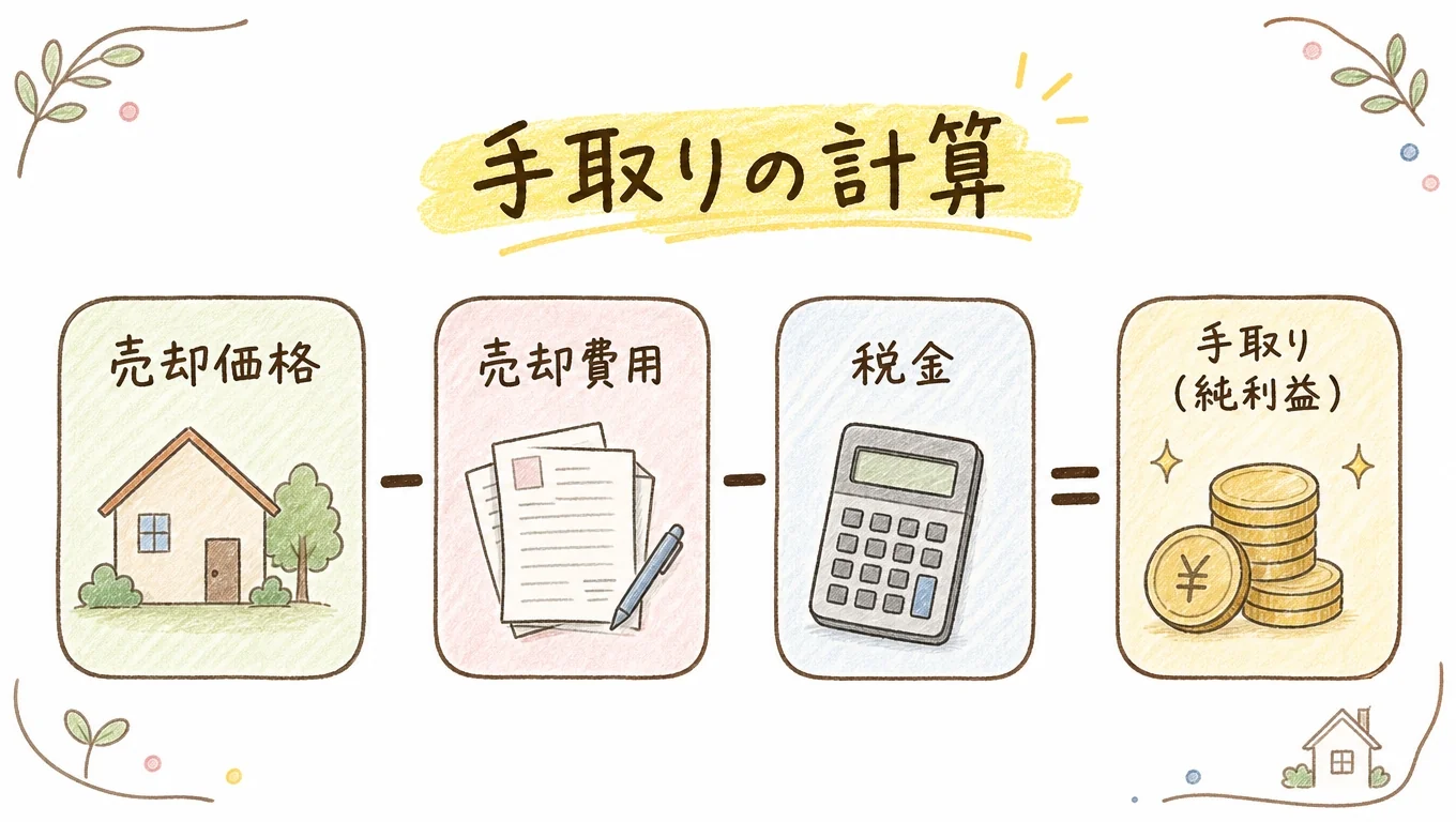 土地売却の手取りの計算(売却価格−経費−税金)を示す図解