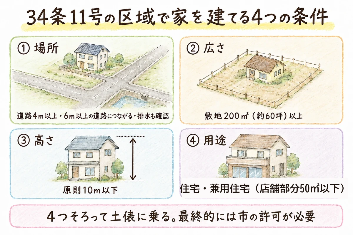 34条11号の区域で家を建てる4つの条件（場所＝幅4m以上の道路に接し6m以上の道路につながる・排水、広さ＝敷地200㎡以上、高さ＝原則10m以下、用途＝住宅・店舗部分50㎡以下の兼用住宅）を、家や敷地の手描き色鉛筆タッチのイラスト付きカード4枚で並べた図解。下に「4つそろって土俵に乗る。最終的には市の許可が必要」の注記。