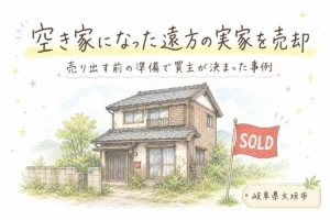 空き家になった遠方の実家を、売り出す前の準備で売却した事例のアイキャッチイラスト。岐阜県大垣市の古い木造の空き家に「SOLD」の旗が立っている様子を、手描き色鉛筆タッチで描いています。