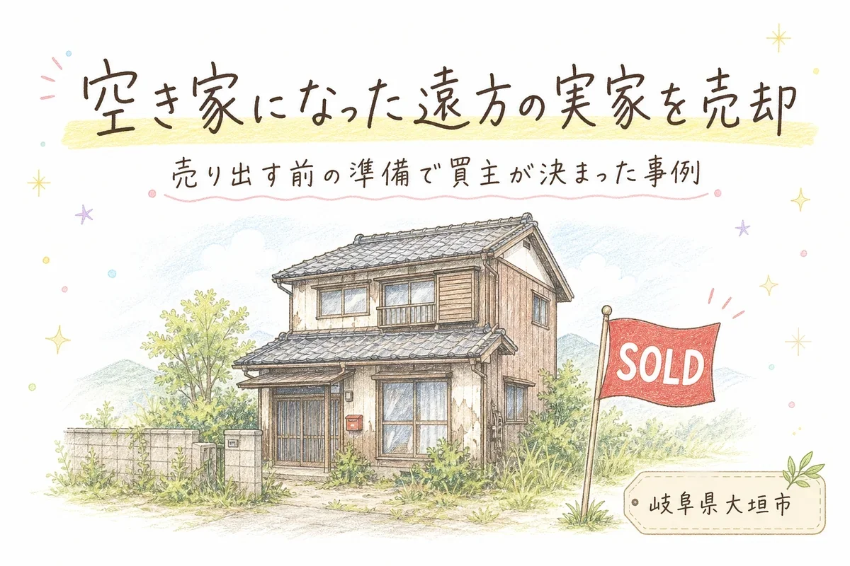 空き家になった遠方の実家を、売り出す前の準備で売却した事例のアイキャッチイラスト。岐阜県大垣市の古い木造の空き家に「SOLD」の旗が立っている様子を、手描き色鉛筆タッチで描いています。