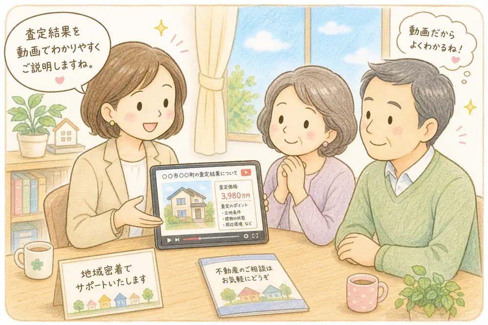 担当者がタブレットで査定結果を動画にしてお客様に説明している相談シーンのイラストです。遠方にお住まいのご高齢のご夫婦が、動画による説明で分かりやすく安心されている様子を、手描き色鉛筆タッチで表しています。