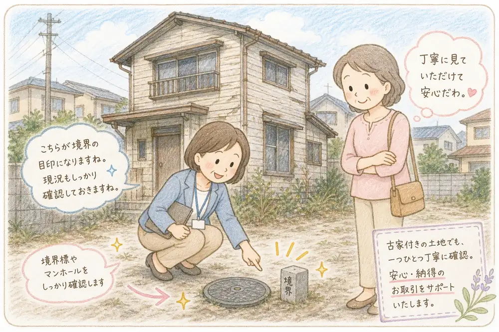 古い空き家の前で、担当者がしゃがんで境界標やマンホールを指さしながら現地確認をしているイラストです。お客様が丁寧な確認に安心されている様子を、手描き色鉛筆タッチで表しています。