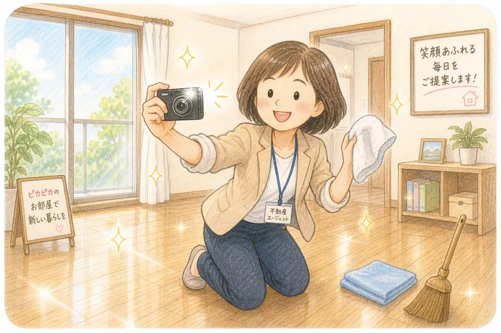 更地になった土地の前で、担当者とお客様が「SOLD」の旗のそばで笑顔で握手をしている引き渡しのイラストです。ご縁への感謝の気持ちを、手描き色鉛筆タッチで表しています。
