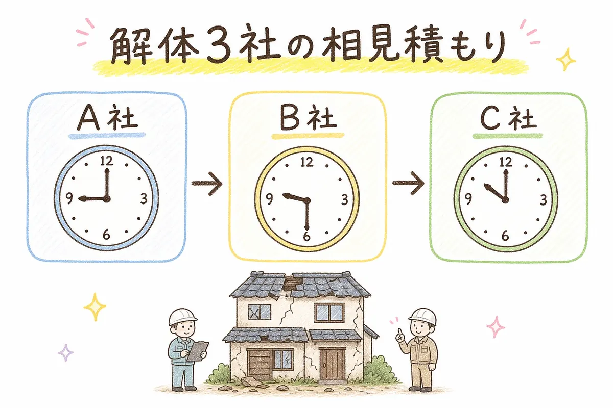 解体3社に同じ日に30分刻みで現地立ち会いをしてもらい、相見積もりを取った流れを表した手描き風の図解です。A社・B社・C社の順に見積もりを比較し、公平に金額で選べる状態を作ったことを示しています。