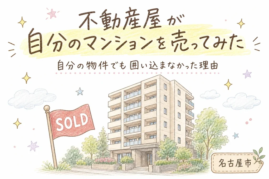 不動産屋が自分のマンションを売ってみた体験記のアイキャッチイラストです。名古屋市の分譲マンションに「SOLD」の旗が立っている様子を、手描き色鉛筆タッチで描いています。