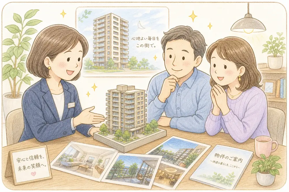 自分のマンションの売却経験をもとに、別のお客様にマンションの模型を見せながらにこやかに相談を受けている担当者のイラストです。この経験がお客様の売却にそのまま生きていることを表しています。