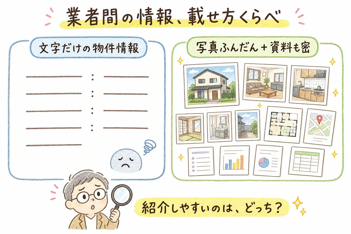 不動産会社どうしの情報網(レインズ)に、文字だけの物件情報と、写真や資料をふんだんに載せた物件情報を並べて比べた手描き風の図解です。他社の営業マンがお客様に紹介しやすいのはどちらかを問いかけています。