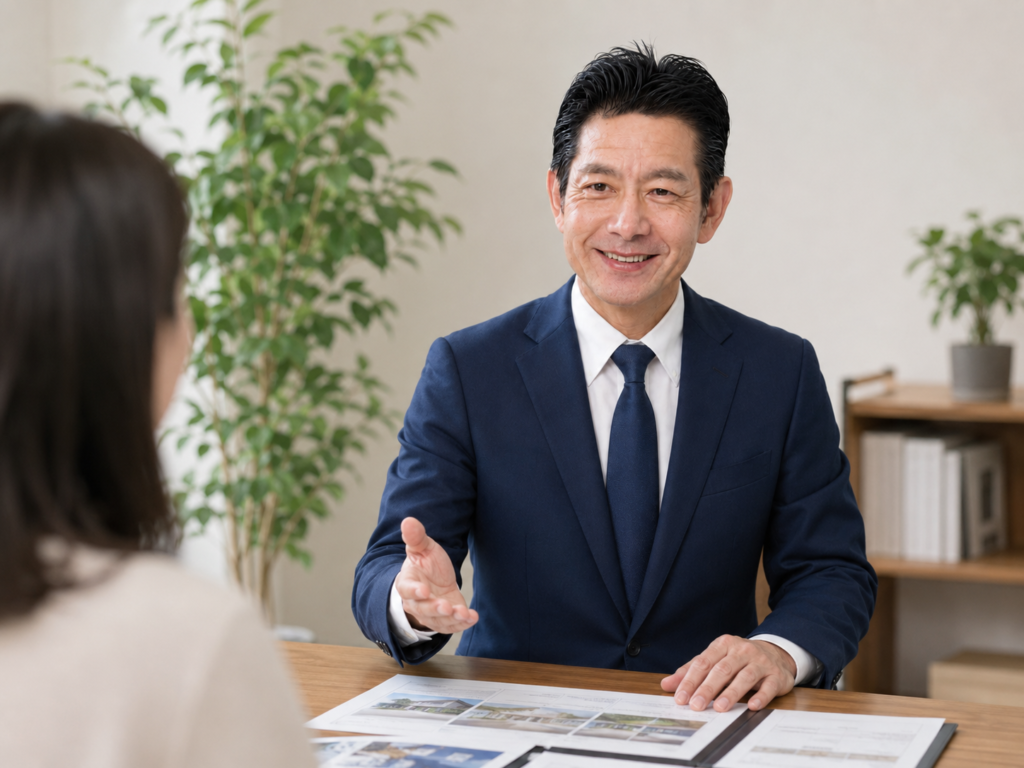 稲沢あんしん不動産の代表佐藤高樹が、相談者に資料を見せながら相続手続きの進め方を説明している様子。ワンストップ窓口としての相談シーンを表す写真。