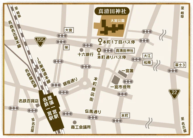 真清田神社の周辺地図。名鉄・JR尾張一宮駅から神社までの道順を、本町通りや商店街、本町1丁目バス停・本町通りバス停の位置とともに示した案内図。駅から本町アーケードをまっすぐ北へ進むと神社正面に着くことが一目で分かる。