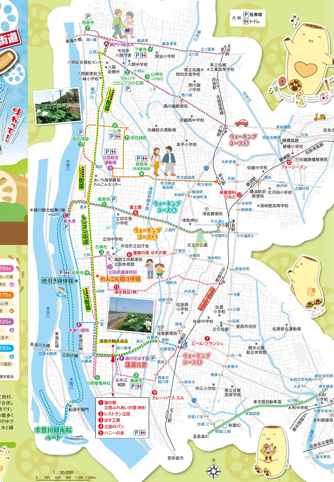 愛知県の「あいさいレンコン街道」案内PDFから、愛西市内のウォーキングコース、森川花はす田、旧名称の道の駅立田ふれあいの里、鉄道駅や河川の位置関係が分かる地図部分を切り出した画像。街道の全体像を把握するための参考資料