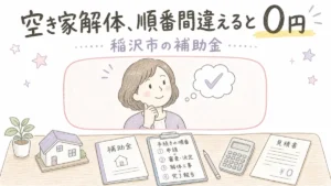 稲沢市で空き家解体補助金の正しい順番について解説するブログアイキャッチイラスト