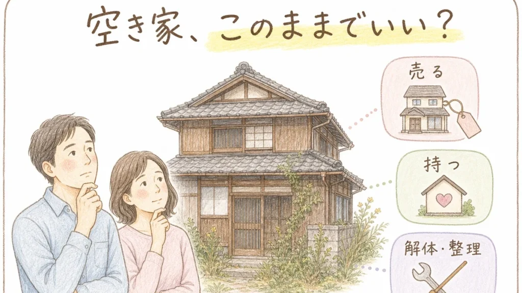 稲沢市で空き家を放置するリスクと3つの選択肢を解説するブログアイキャッチイラスト