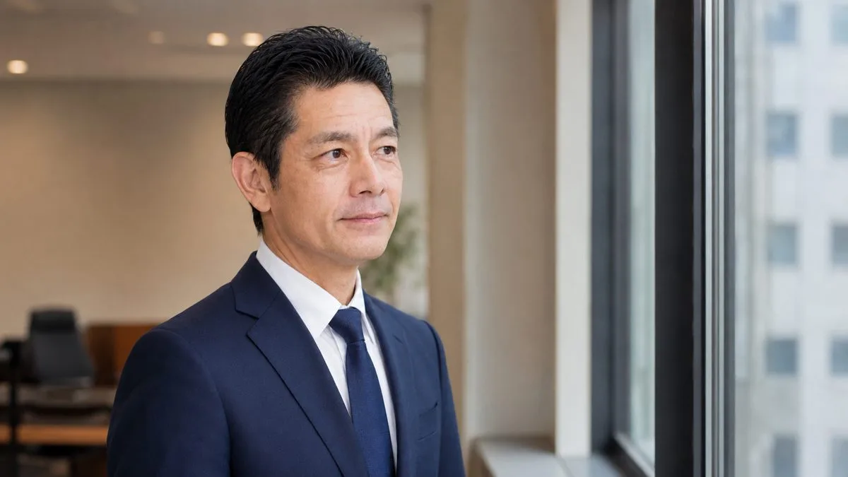 事務所の窓際で外の光を受けながら、佐藤高樹が静かに考えごとをしている横顔の写真。深緑のジャケット姿でたたずみ、一件ごとの相談にじっくり向き合う誠実な人柄がにじむ落ち着いたポートレート