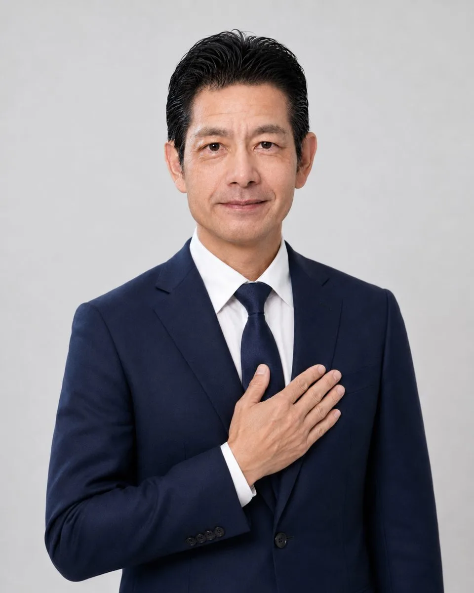 胸に手を当てて誠実さを表す佐藤高樹の縦位置ポートレート。深緑のジャケット姿でまっすぐカメラを見ており、会社の名前に「あんしん」と入れた責任感を語る自己紹介ブロックに添えた写真