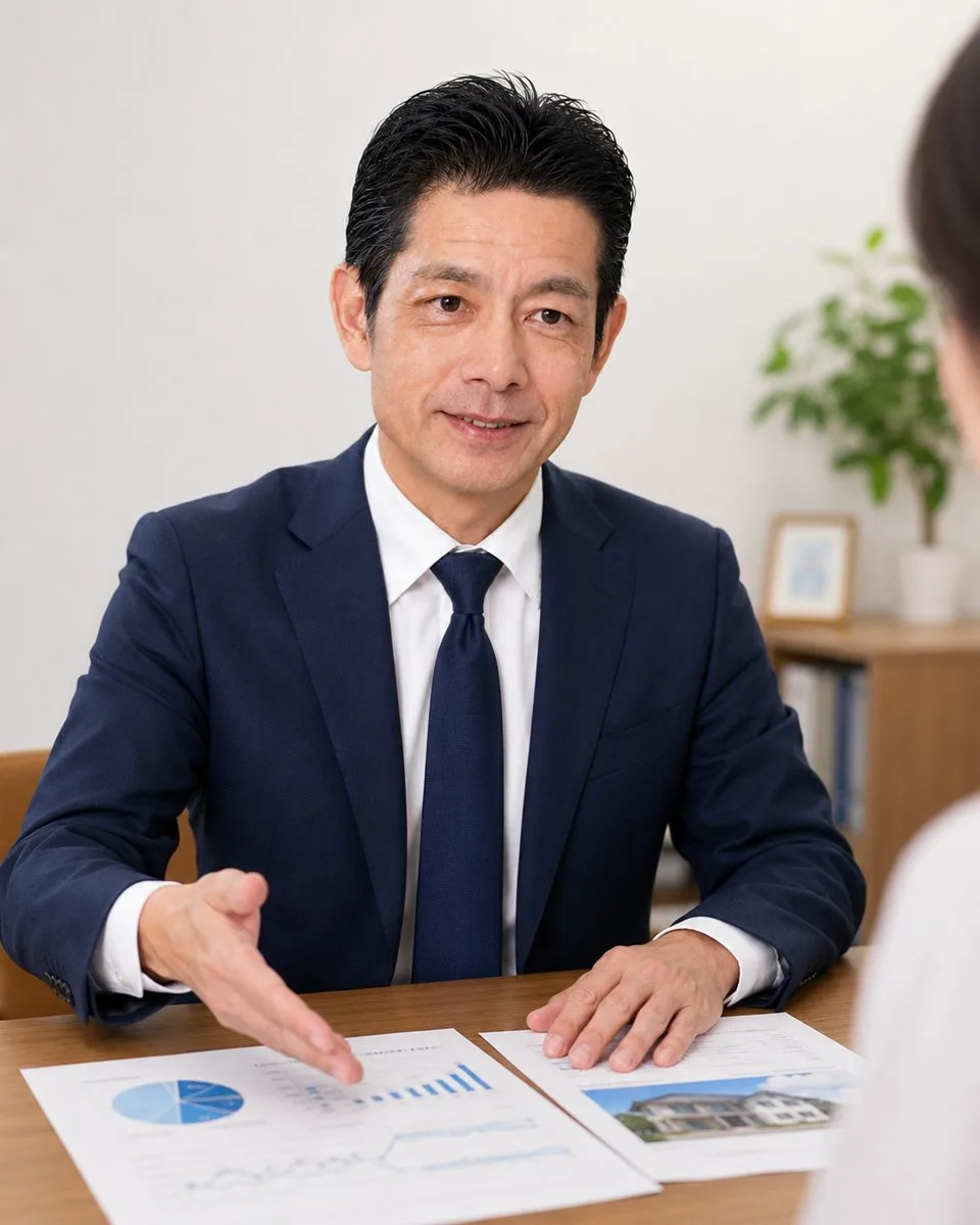 机の上に広げた資料とグラフを手で示しながら説明する佐藤高樹。相談者に向けて、データの意味をひとつずつ噛み砕いて伝えている実務の場面。