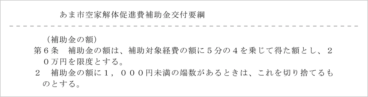 あま市公式サイト掲載の「あま市空家解体促進費補助金交付要綱」（平成31年4月1日施行PDF）のキャプチャ。第6条（補助金の額）に「補助金の額は、補助対象経費の額に5分の4を乗じて得た額とし、20万円を限度とする」「1,000円未満の端数があるときは、これを切り捨てる」と定められている部分の抜粋。
