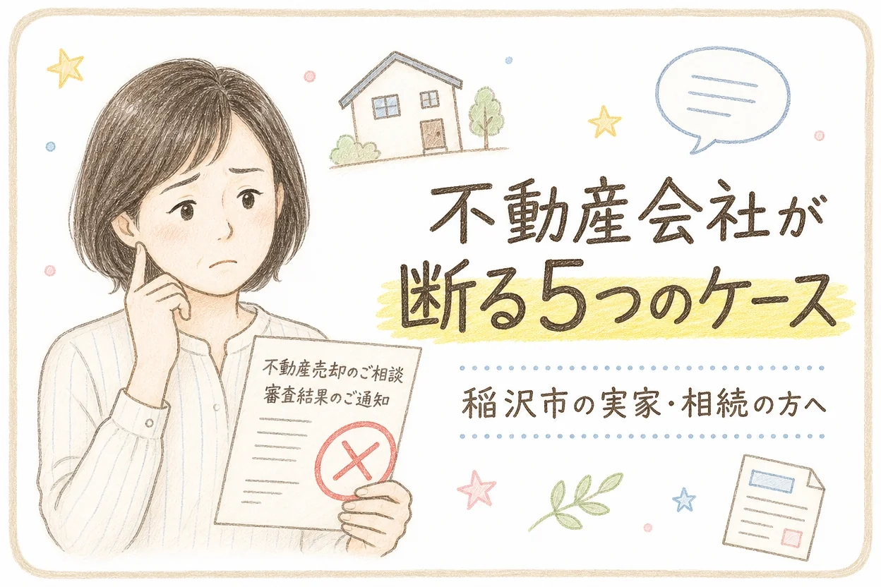 稲沢市で不動産会社が売却の依頼を断る5つのケースについて解説するブログアイキャッチイラスト
