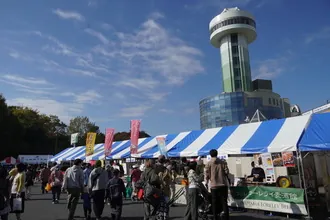 秋晴れの空の下、青と白のストライプ屋根の出展ブースが会場いっぱいに並び、奥にすいとぴあ江南の展望タワーがそびえる。会場内を大勢の来場者が行き交い、赤や黄色ののぼり旗が立てられ、にぎわう様子が写っている。