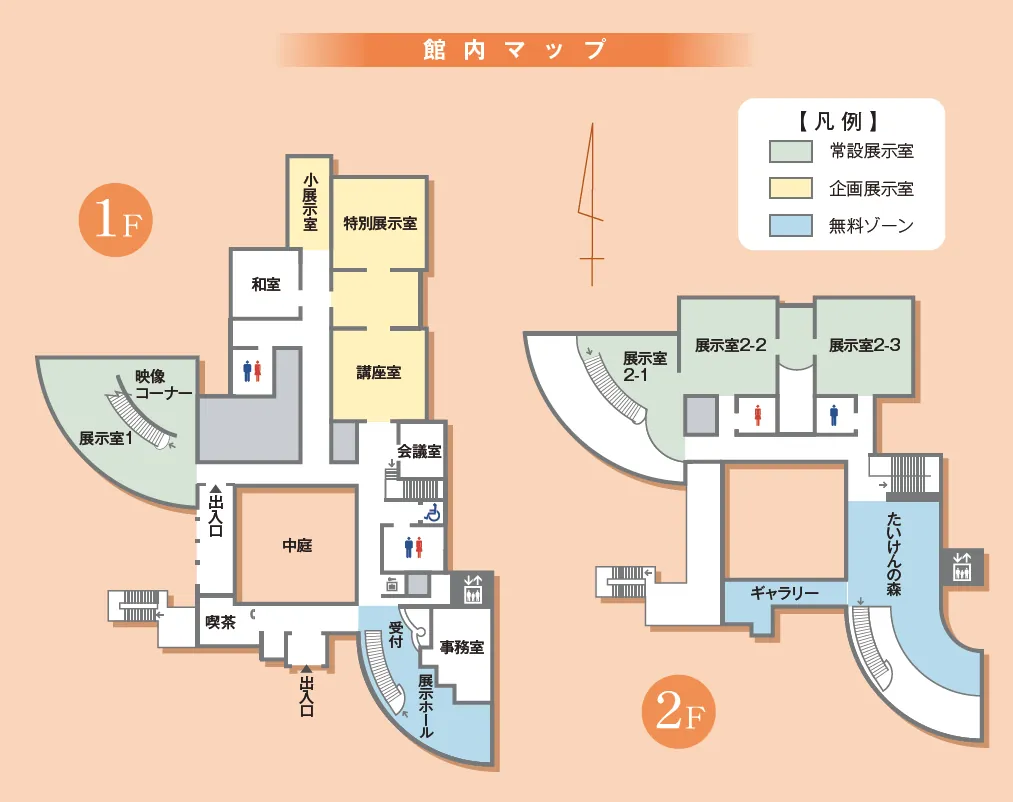 一宮市博物館の館内マップ。1階は展示室1・特別展示室・講座室・小展示室・受付・展示ホールなどを、2階は展示室2-1〜2-3・たいけんの森・ギャラリーを色分けした間取り図で示している。