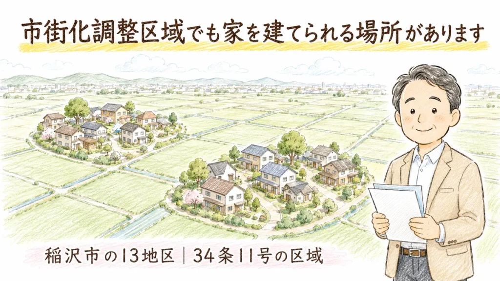 「市街化調整区域でも家を建てられる場所があります」のメインコピーに黄色マーカー。やわらかい緑の田畑の中に、家がまとまった集落の島が2つ浮かぶ俯瞰の風景。手前で書類を手に穏やかに微笑むベージュのジャケットの40〜50代男性。下部に「稲沢市の13地区｜34条11号の区域」のサブコピー。手描き色鉛筆タッチのブログアイキャッチ。