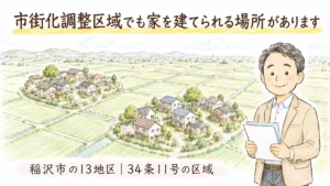 「市街化調整区域でも家を建てられる場所があります」のメインコピーに黄色マーカー。やわらかい緑の田畑の中に、家がまとまった集落の島が2つ浮かぶ俯瞰の風景。手前で書類を手に穏やかに微笑むベージュのジャケットの40〜50代男性。下部に「稲沢市の13地区｜34条11号の区域」のサブコピー。手描き色鉛筆タッチのブログアイキャッチ。