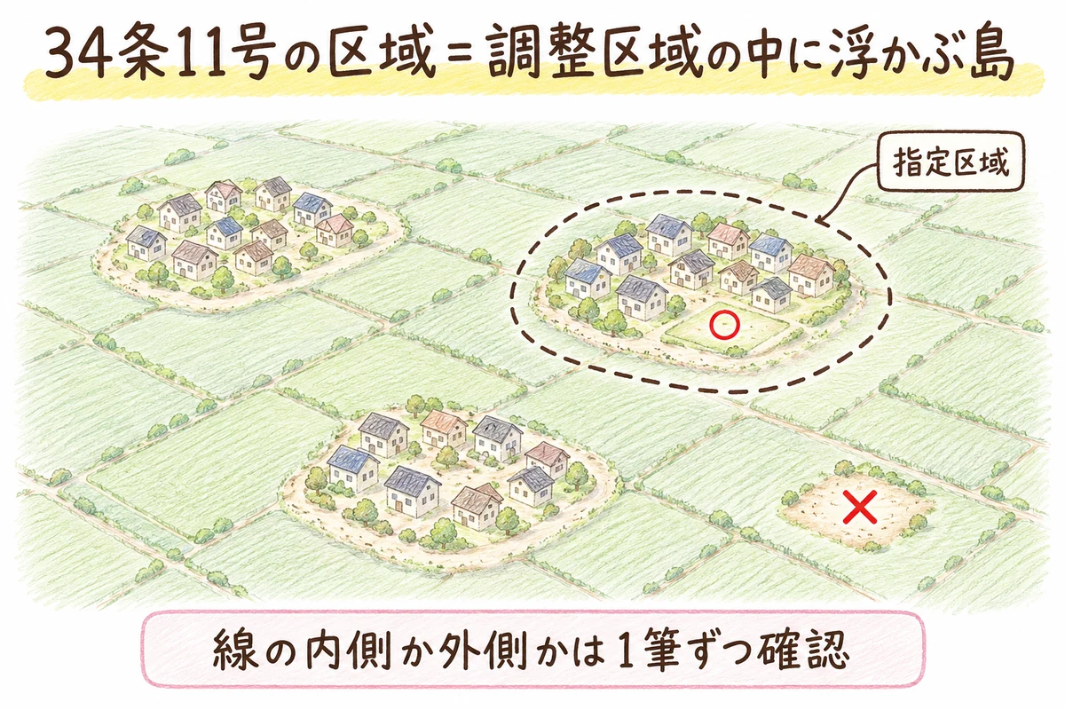 やわらかい緑の田畑が広がる市街化調整区域を海に見立て、家がまとまった集落が島のように3つ浮かぶ手描き色鉛筆タッチの俯瞰図解。1つの島は破線で囲まれ「指定区域」のラベル。島の中の空き地に「○」、島の外の土地に「×」が付き、「線の内側か外側かは1筆ずつ確認」の注記がある。