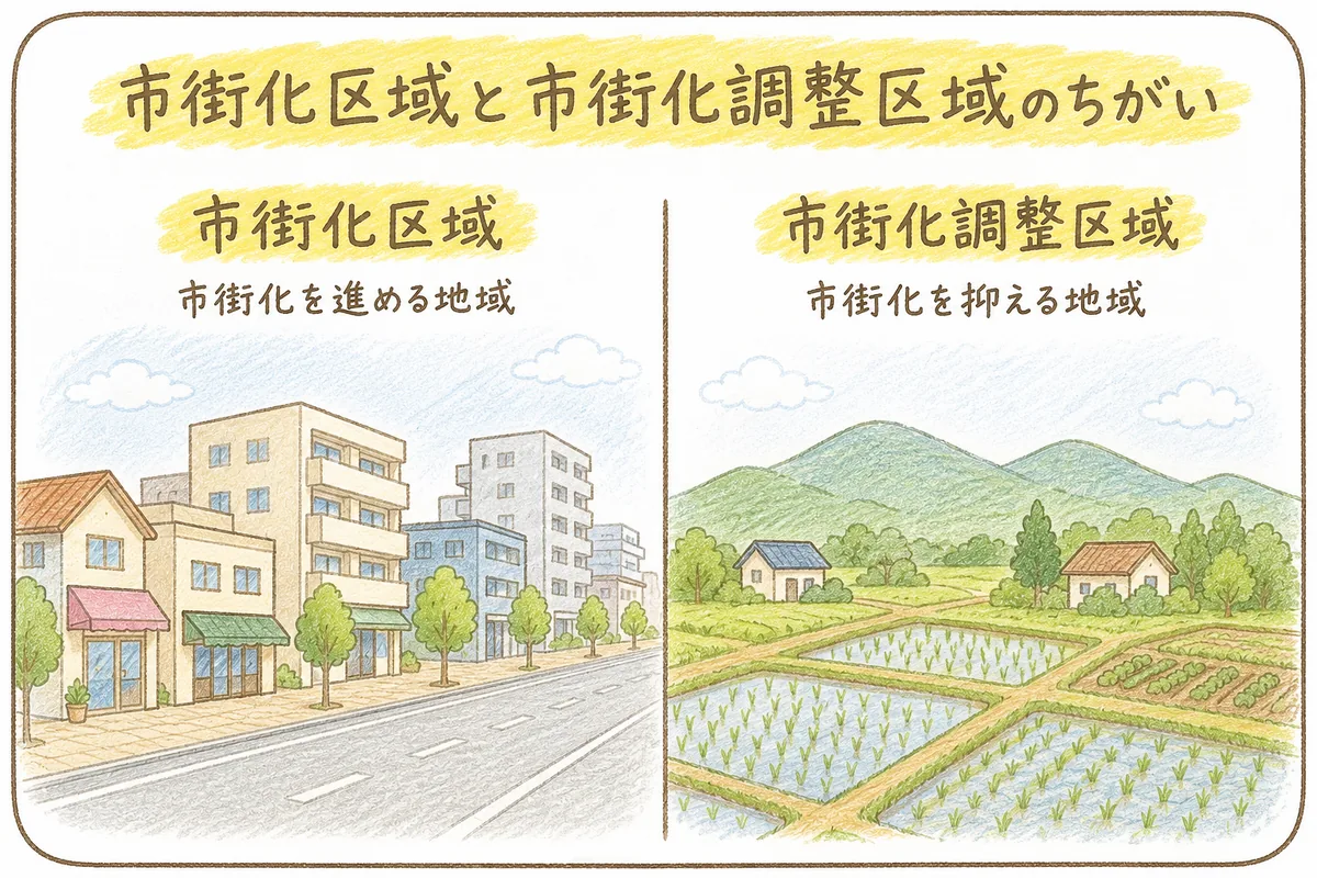 中央の境界線を挟んで、左に家や店が建ち並ぶ「市街化区域(市街化を進める地域)」、右に田畑が広がり家がまばらな「市街化調整区域(市街化を抑える地域)」を対比した、手描き色鉛筆タッチの図解。