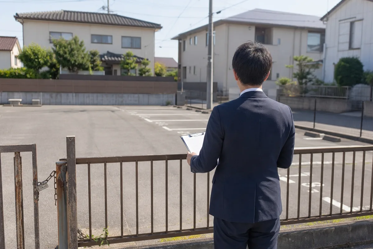 月極駐車場の全景を背景に、クリップボードを持って現地の境界や稼働状況を確認している担当者の後ろ姿。住宅用地としての可能性や周辺需要を見極める査定の様子を表現した写真。