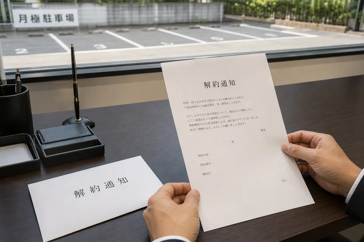 デスクの上に置かれた白い封筒と解約通知の書面を、手元でそっと確認している写真。背景には月極駐車場がぼんやりと写り込んでいる。感情的にならず、書面で丁寧に伝える姿勢を表現。
