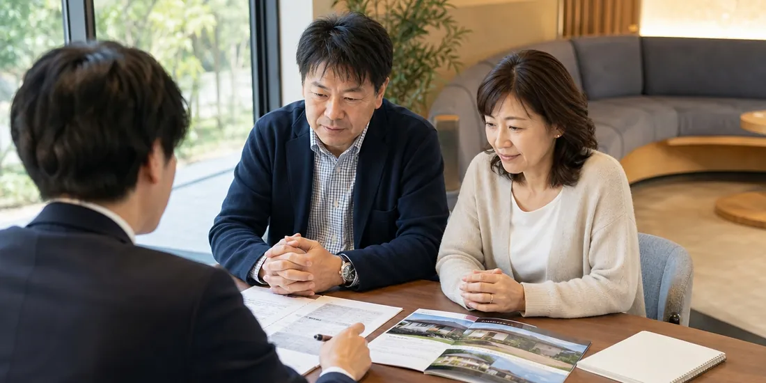 応接スペースのテーブルで、書類を見ながらご夫婦と担当者が相続の相談をしている様子のイメージ写真。担当者は後ろ姿で、初回面談から方針確定までの伴走の雰囲気を伝える。