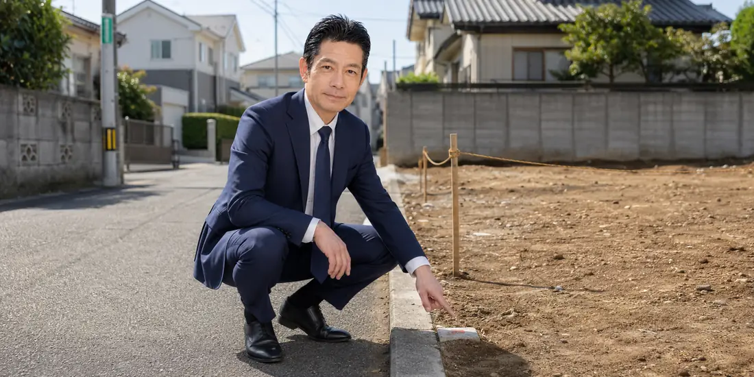 佐藤高樹が造成中の更地の前でしゃがみ込み、境界標を指さして確認している写真。土地売却前の境界・越境確認の実務を伝える現地の様子。