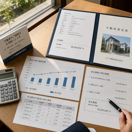 不動産の査定資料・成約事例のグラフ・電卓が置かれたデスクを撮影したイメージ写真。査定価格の根拠となる資料を手元で確認している様子で、相場より高く見せない正直な査定姿勢を表す。