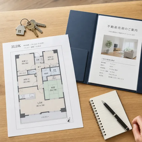 鍵と間取り図、不動産売却のご案内資料が整理して並べられたテーブルのイメージ写真。売却前に選択肢を整理して進める様子を表す。
