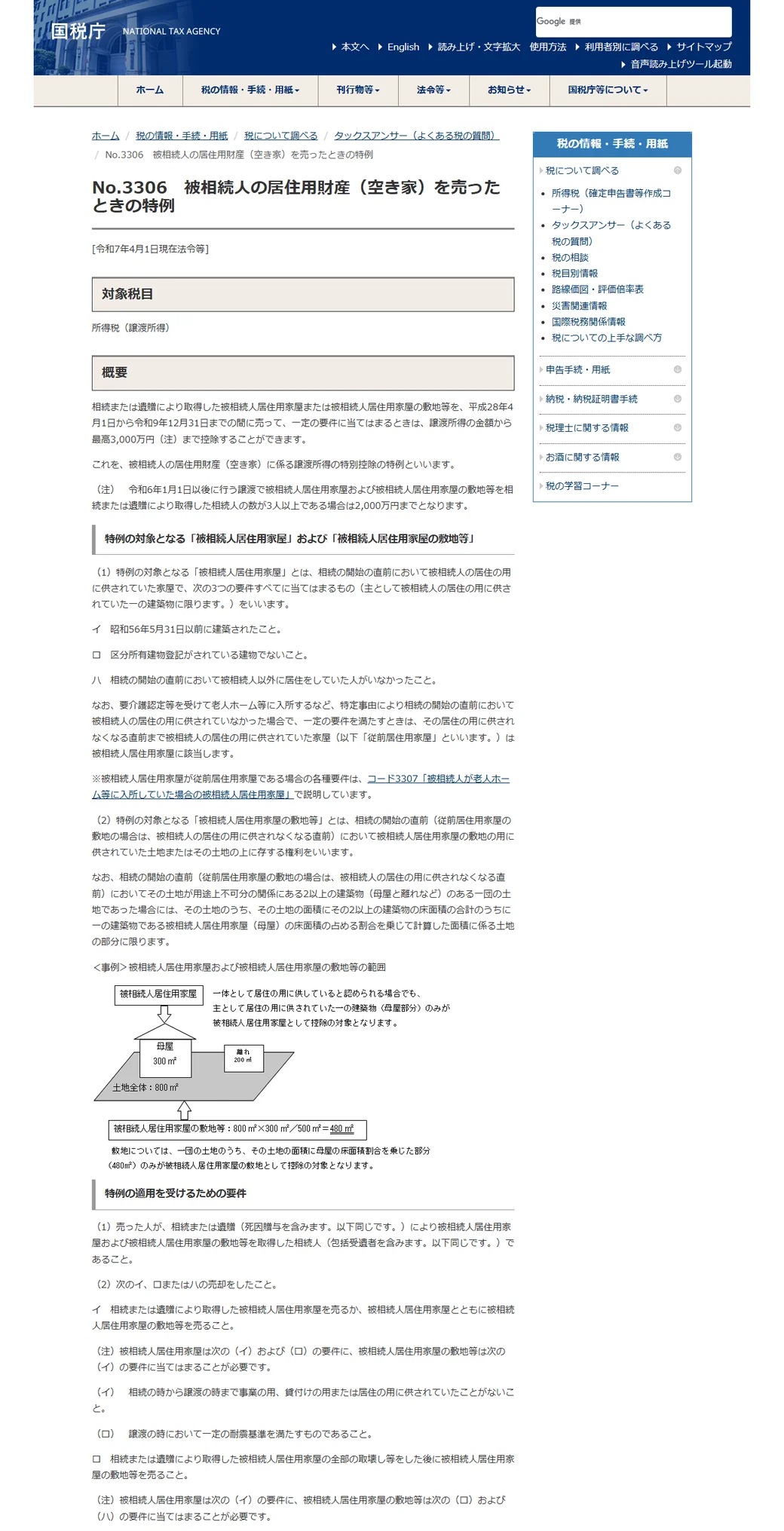 国税庁 No.3306「被相続人の居住用財産(空き家)を売ったときの特例」のページ。最高3,000万円の控除や要件が記載されている。