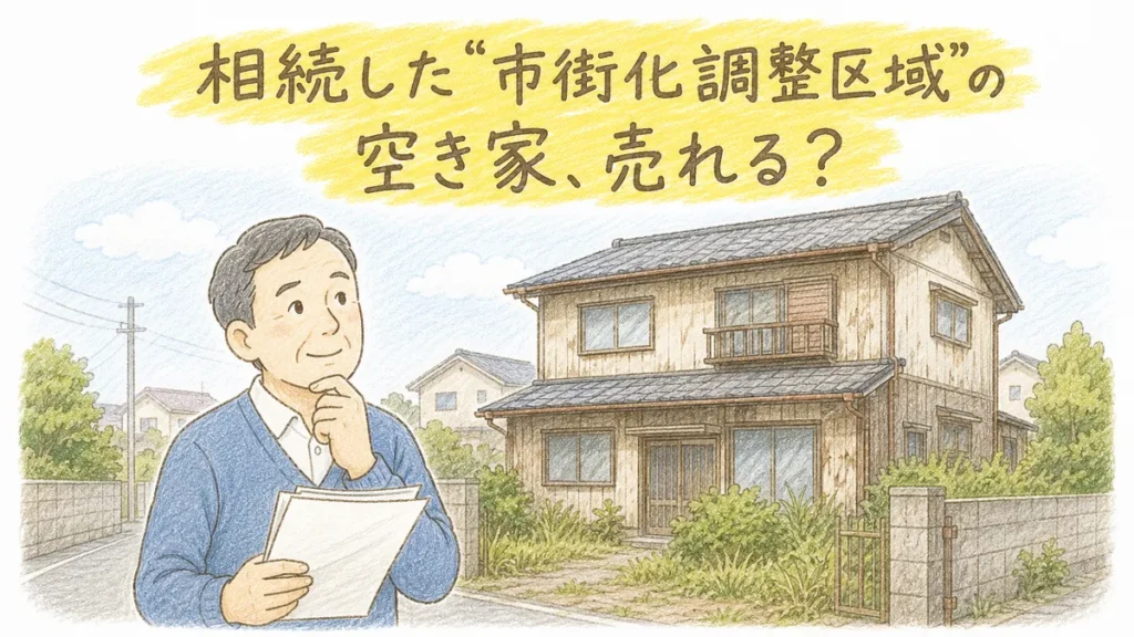築年数の古い木造二階建ての実家の前で、書類を手に少し考える50代くらいの男性。上に「相続した“市街化調整区域”の空き家、売れる？」のコピー。手描き色鉛筆タッチのブログアイキャッチ。
