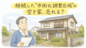 築年数の古い木造二階建ての実家の前で、書類を手に少し考える50代くらいの男性。上に「相続した“市街化調整区域”の空き家、売れる？」のコピー。手描き色鉛筆タッチのブログアイキャッチ。
