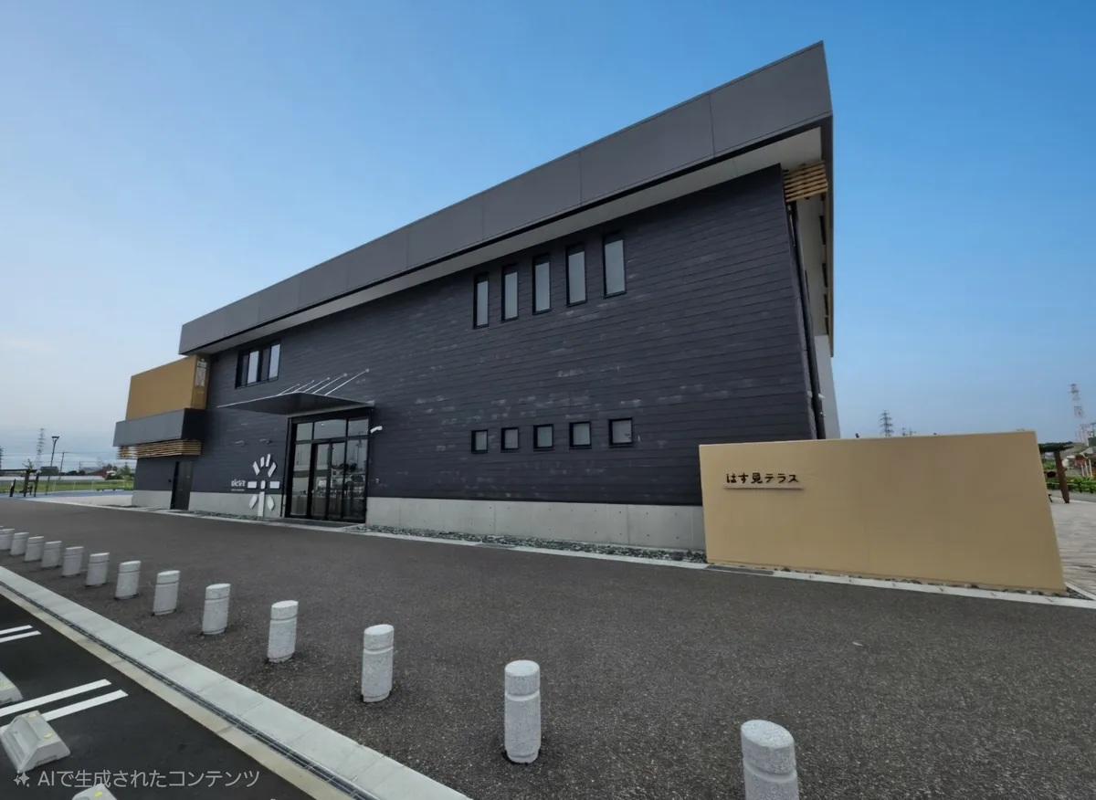 愛西市の道の駅ふれあいの里HASUパーク東ゾーンにある、黒い外壁と木調の軒が特徴の「はす見テラス」外観。建物の前には芝生と舗装された広場があり、新しく整備された公園の様子が分かる。グランドオープン後の清潔感も伝わる一枚