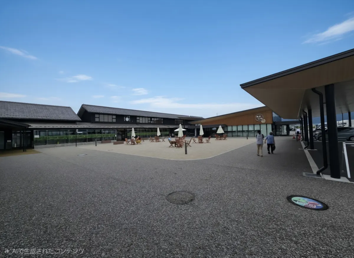 HASUパークの新しい建物に囲まれた開放的な広場。中央にベンチとパラソルが並び、平日の午後にも親子連れや買い物客が行き交う、整備直後の明るく賑わった園内の様子。新しく整備された道の駅の雰囲気と平日の利用状況が分かる一枚