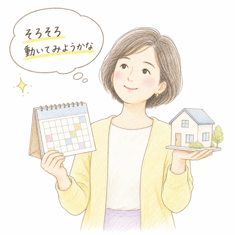手描きタッチのイラスト。50代くらいの女性がカレンダーと小さな一戸建ての模型を両手に持ち、少し前向きな表情で考えている。吹き出しに「そろそろ動いてみようかな」の文字。白背景でやわらかい色鉛筆風の塗り。