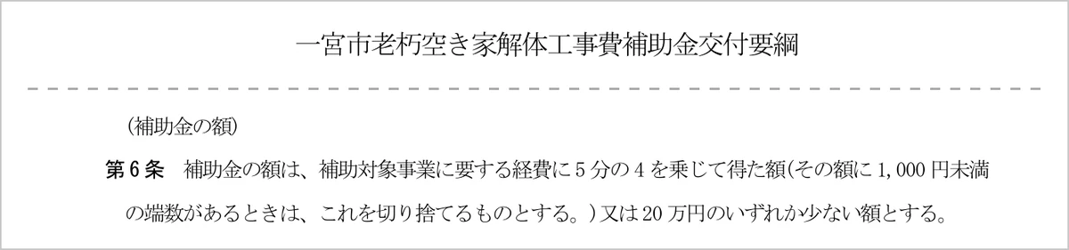 一宮市公式サイト掲載の「一宮市老朽空き家解体工事費補助金交付要綱」(2026年4月1日施行版PDF)のキャプチャ。第6条(補助金の額)に「補助対象事業に要する経費に5分の4を乗じて得た額(1,000円未満切り捨て)又は20万円のいずれか少ない額とする」と定められている部分の抜粋。