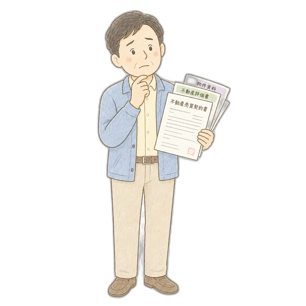 不動産の売却について少し不安そうな表情で書類を持つ人物のイラスト