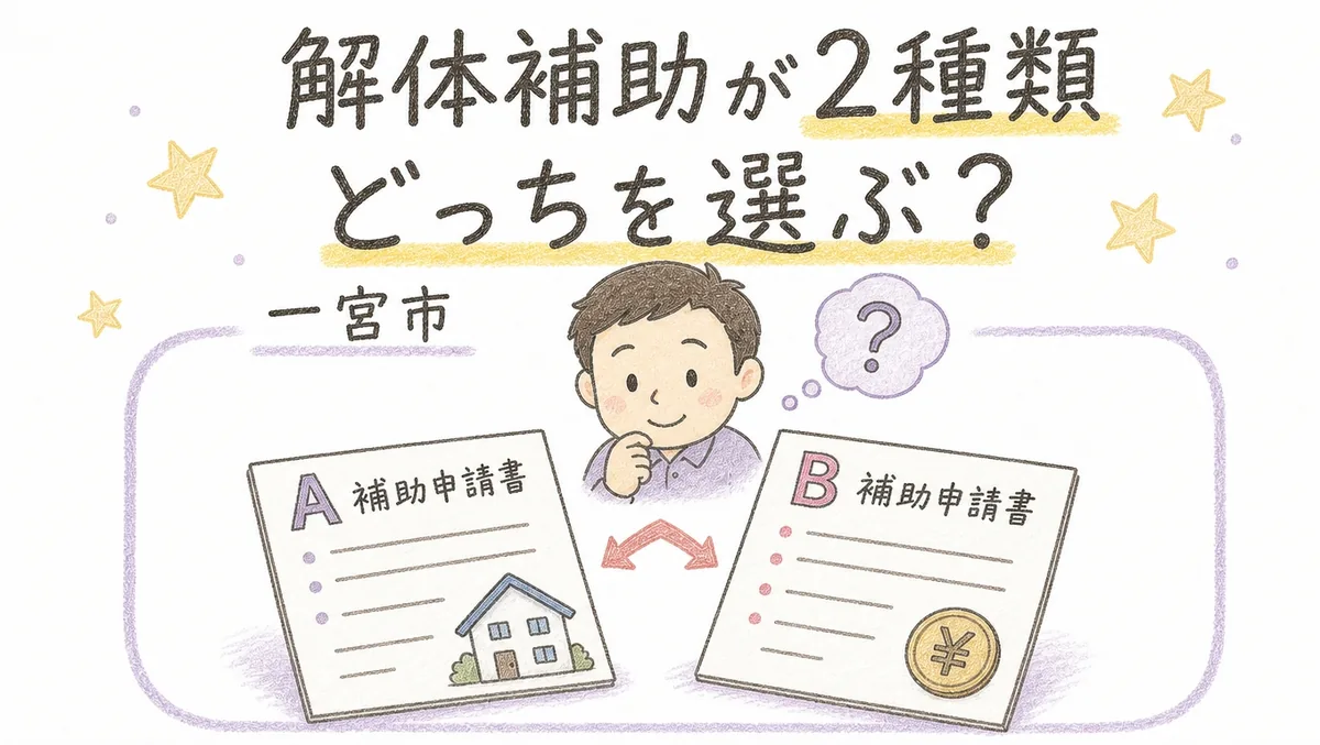 一宮市で2種類ある空き家解体補助金の違いについて解説するブログアイキャッチイラスト