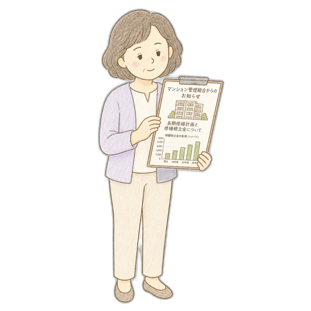 マンションの管理組合の資料や修繕積立金の資料を確認している人物のイラスト