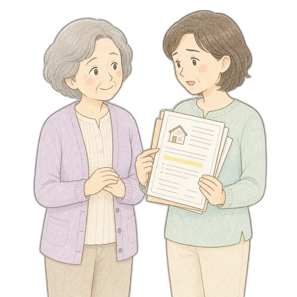 相続・不動産の名義変更手続きの書類を見ながら話す母親と娘のイラスト