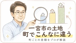 一宮市で土地相場の町ごとの違いについて解説するブログアイキャッチイラスト