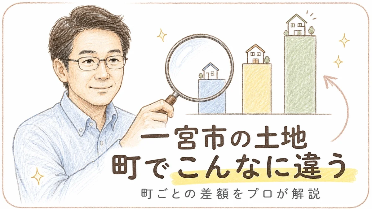 一宮市で土地相場の町ごとの違いについて解説するブログアイキャッチイラスト