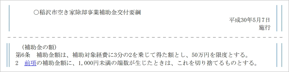 稲沢市例規集に掲載されている「稲沢市空き家除却事業補助金交付要綱」(平成30年5月7日施行)の画面キャプチャ。第6条(補助金の額)として「補助金額は、補助対象経費に3分の2を乗じて得た額とし、50万円を限度とする」「1,000円未満の端数が生じたときは、これを切り捨てる」と定められている部分の抜粋。