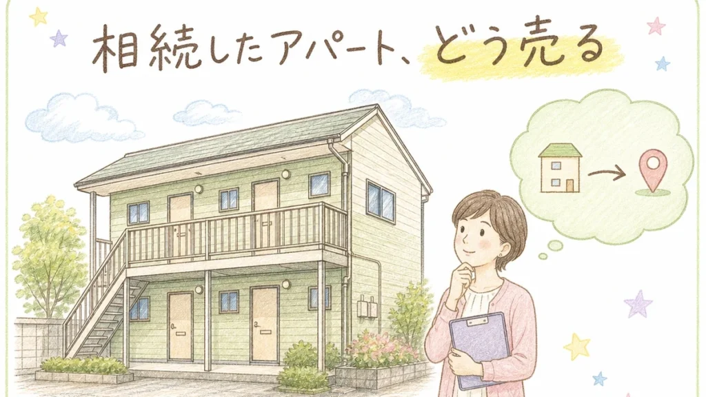 稲沢市で相続した賃貸アパートやマンションの売却を解説するブログアイキャッチイラスト