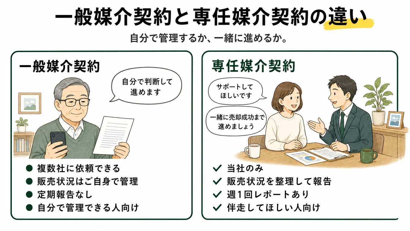 一般媒介契約と専任媒介契約の違いを比較したイラスト（一般媒介は自分で判断して進める男性、専任媒介は担当者と一緒に進める夫婦の様子）
