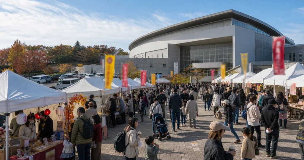 秋の市民まつりの会場となる総合体育文化センターの外観と広場の様子を写したイメージ写真。晴れた青空の下、白い大きな体育館の建物を背景に、白いテントの屋台と紅白・黄色の幟旗が並び、大勢の来場者で賑わっている。